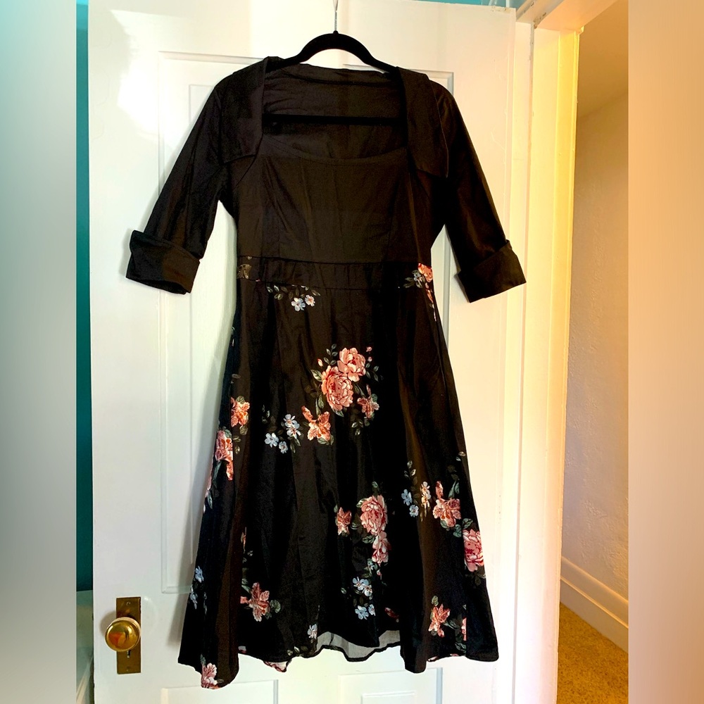 Retro pin up style swing dress rose print rockabilly